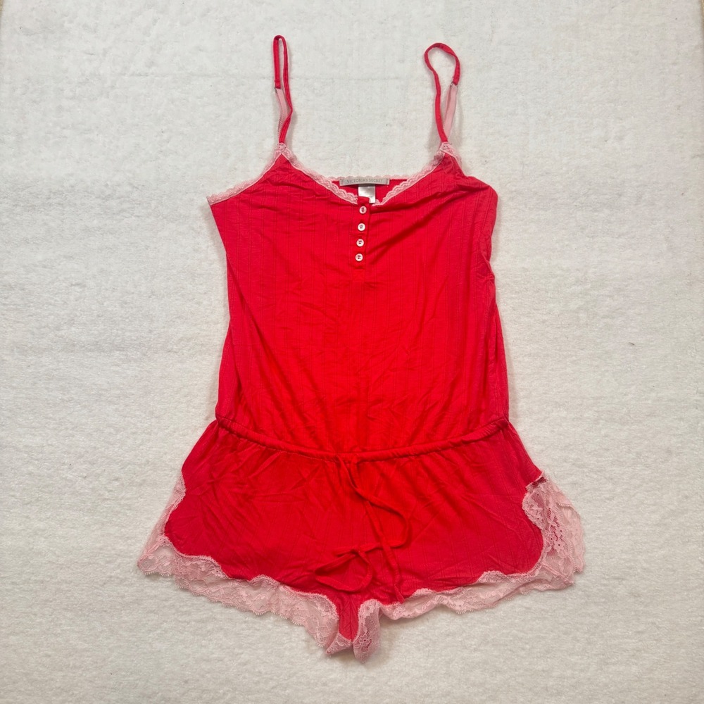 Victorias Secret Red Pink Lace Trim Ribbed Romper Sleepwear Small Y2K‎